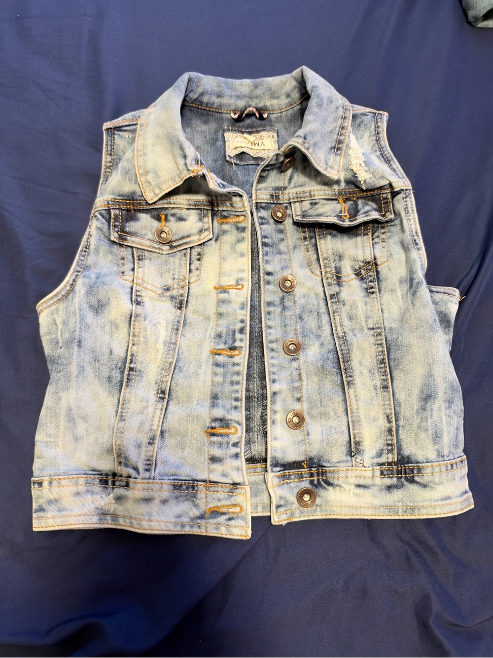 YMI Light Wash Distressed Denim Vest in Faded Blue